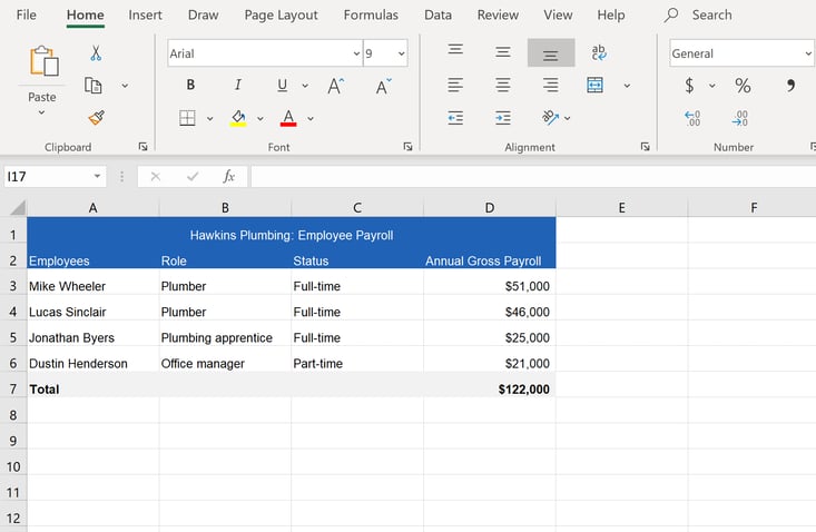 table showing payroll breakdown by employee