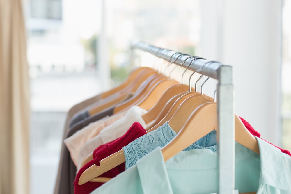 Close up of clothing rail at clothes store