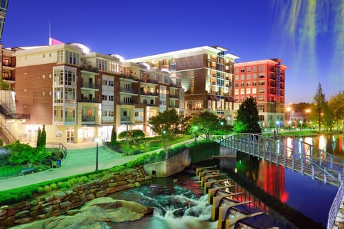 Greenville, South Carolina at Falls Park in downtown at night.