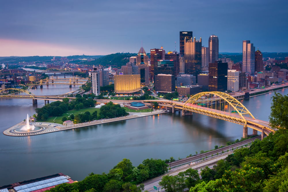 Evening view of Pittsburgh from the top of the Duquesne Incline in Mount Washington, Pittsburgh, Pennsylvania.